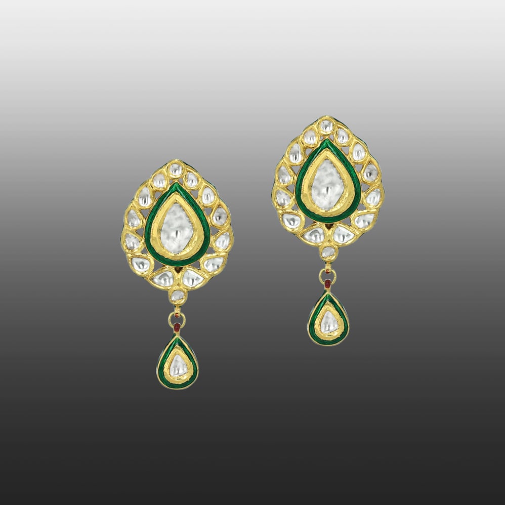Teardrop Polki Earrings with Green Enamel